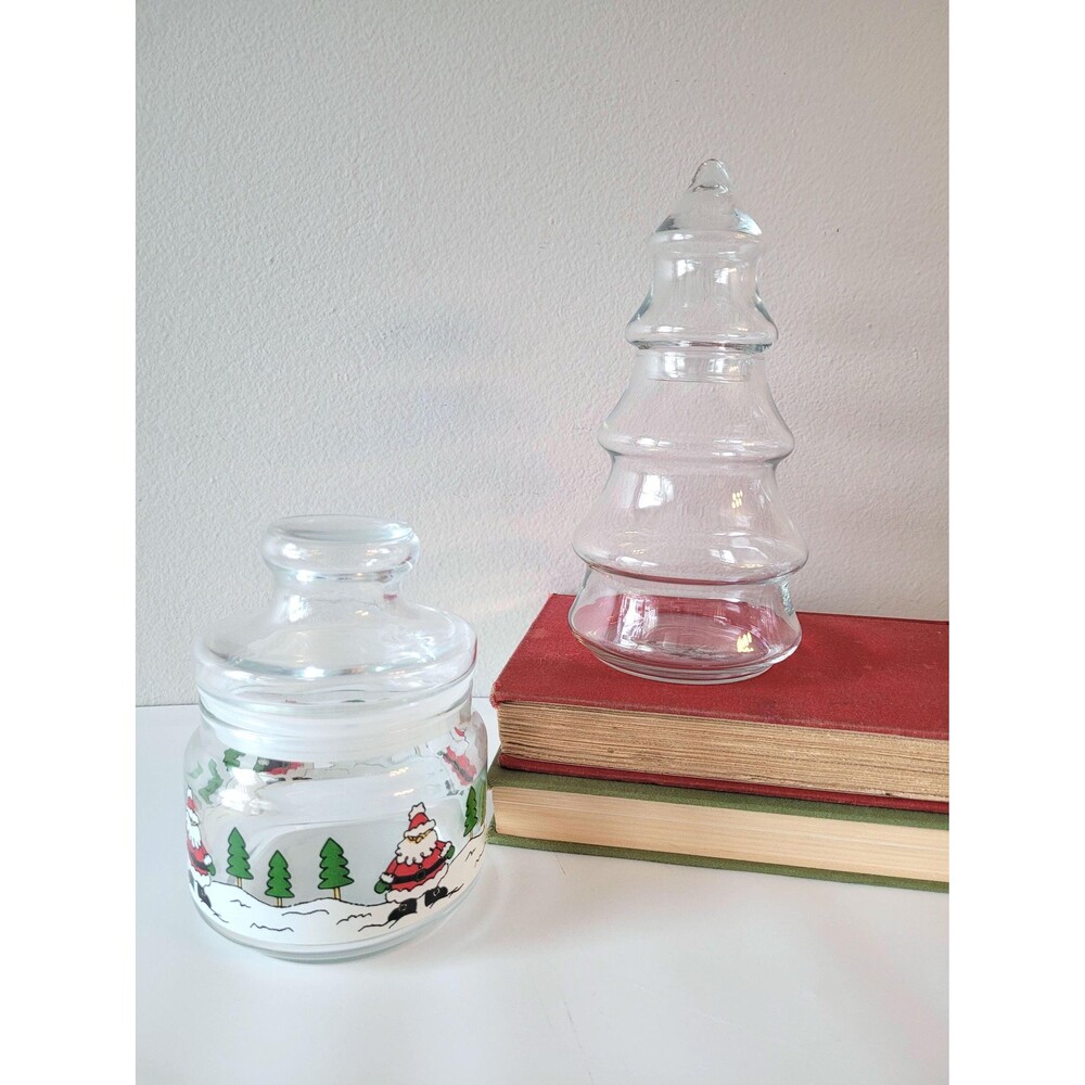 Vintage Christmas Tree Santa Clause Glass Apothecary Jar MCM Kitsch